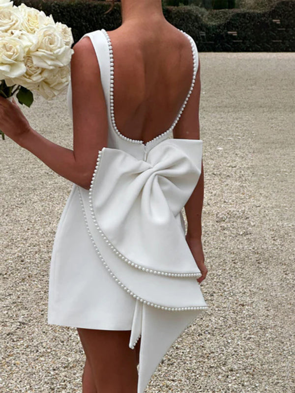 Classic Design Women's Pearl Bow Backless A-Line Mini Dress