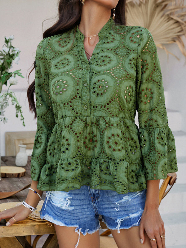 Boho Style Print Lace 3/4 Sleeve Ladies Top