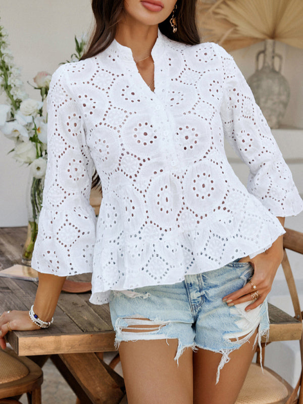 Boho Style Print Lace 3/4 Sleeve Ladies Top