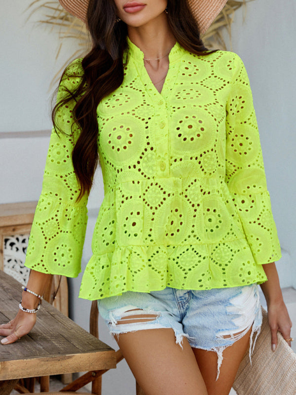 Boho Style Print Lace 3/4 Sleeve Ladies Top