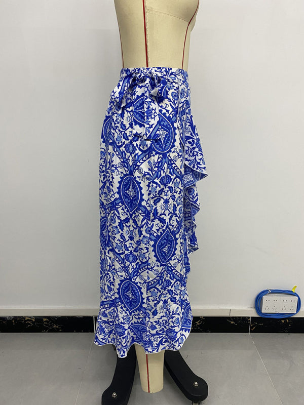Retro-Glam Paisley Print Slinky Vacation Hi-Lo Skirt