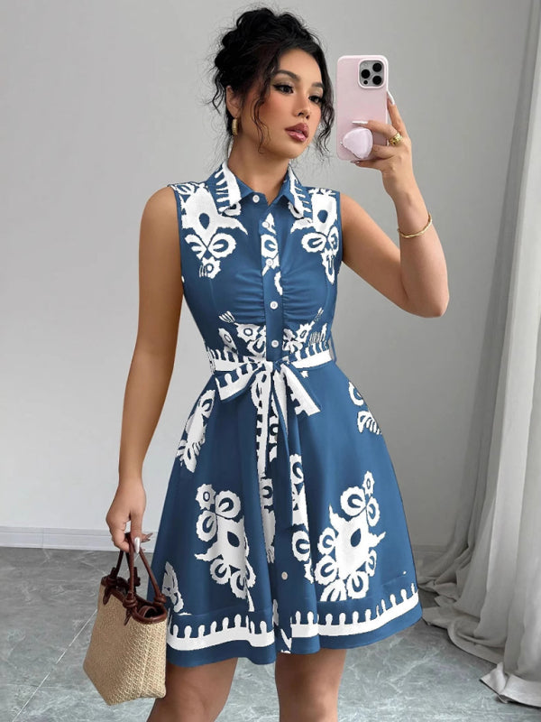 Women's Vintage Style Boho Print Waist Tie Mini Dress