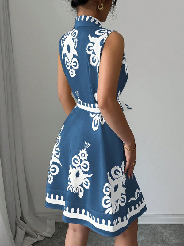 Women's Vintage Style Boho Print Waist Tie Mini Dress