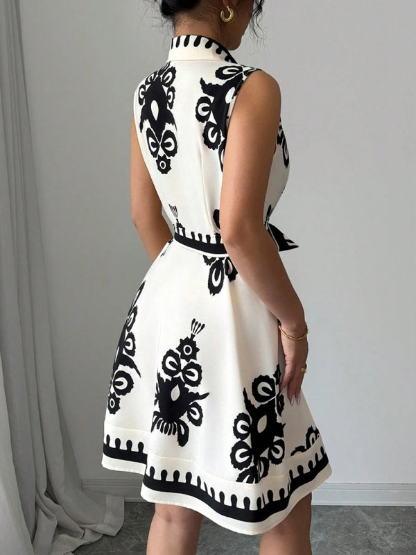 Women's Vintage Style Boho Print Waist Tie Mini Dress