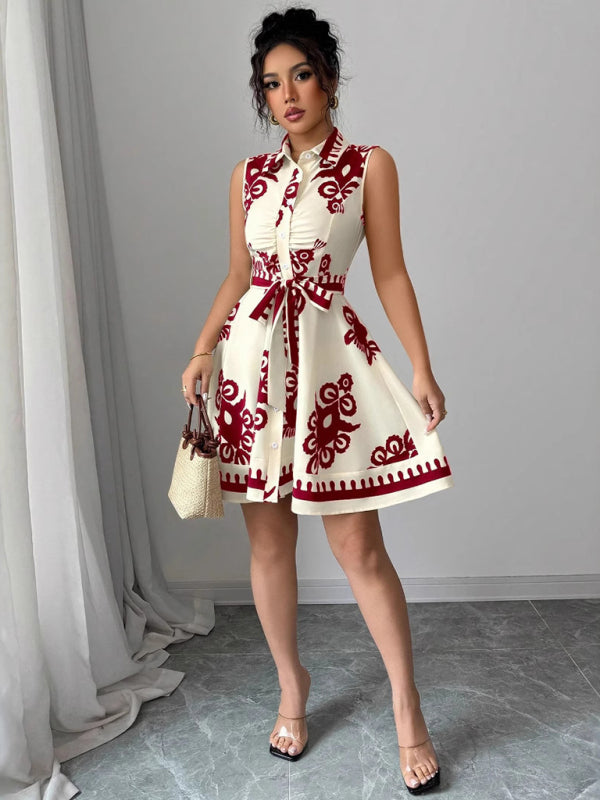 Women's Vintage Style Boho Print Waist Tie Mini Dress