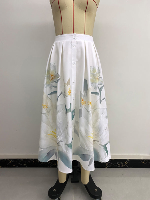 Classic Floral Button Decorated Beachy Style Dress - Casual Printed Skirt Dress