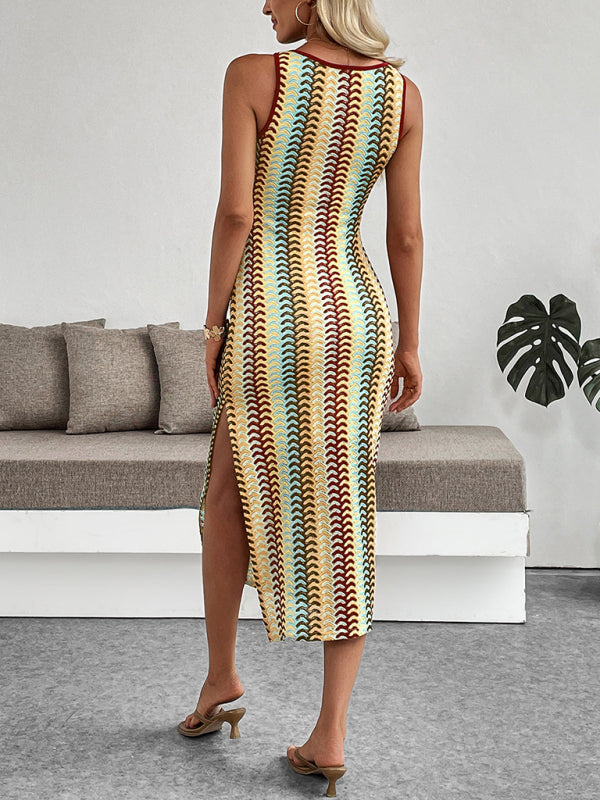Colorful striped 70's Inspired Crochet Crew Neck Sleeveless Slim Dress