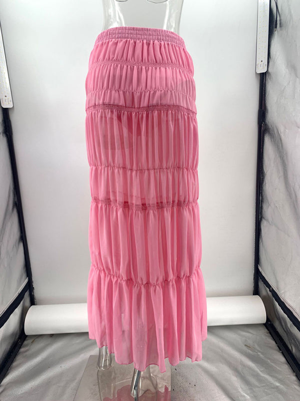 Pleated Hippie Style See-Through Pink Maxi Skirt (with safety pants)