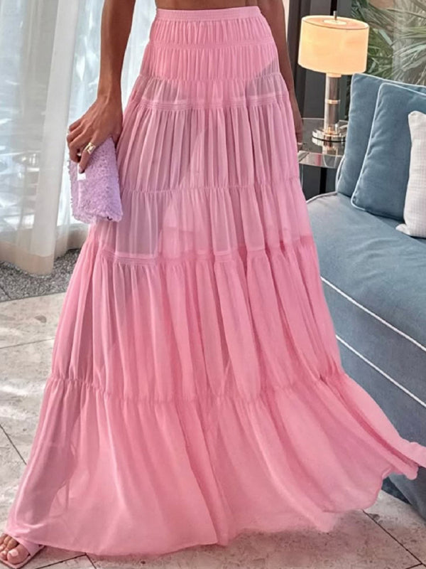 Pleated Hippie Style See-Through Pink Maxi Skirt (with safety pants)