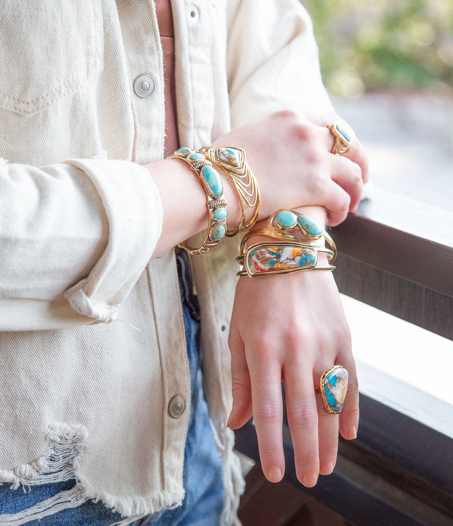 Orange Spiny Oyster and Blue Turquoise Matrix Abstract Golden Ring