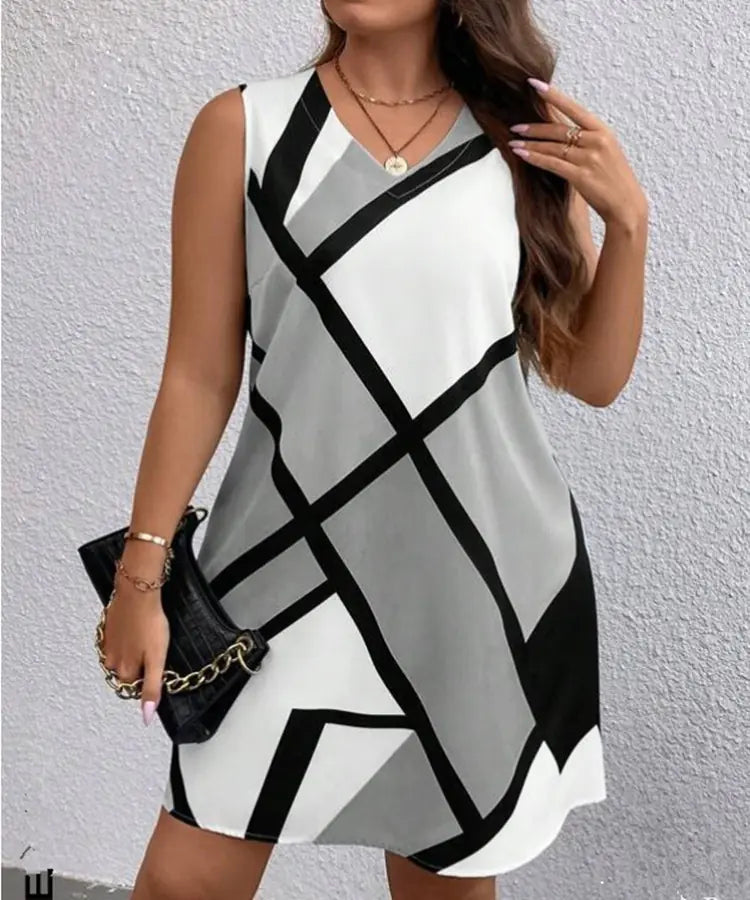 Retro Mod-Style Geometric Print V-Neck Sleeveless Dress