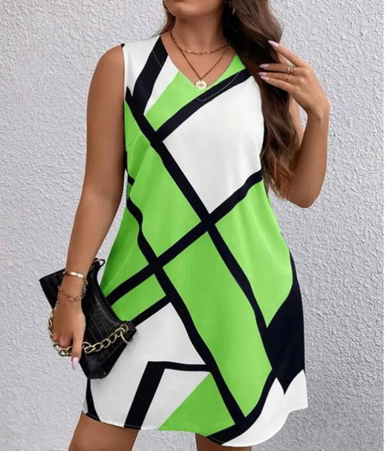 Retro Mod-Style Geometric Print V-Neck Sleeveless Dress