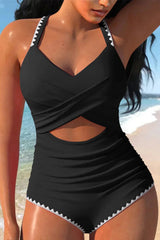 Rose Red Ric Rac Trim Colorblock Cutout One Piece Swimsuit
