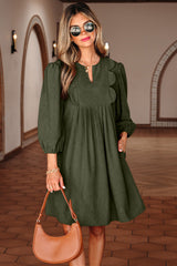 Corduroy Pleated Scallop Neck 3/4 Sleeve Mini Dress