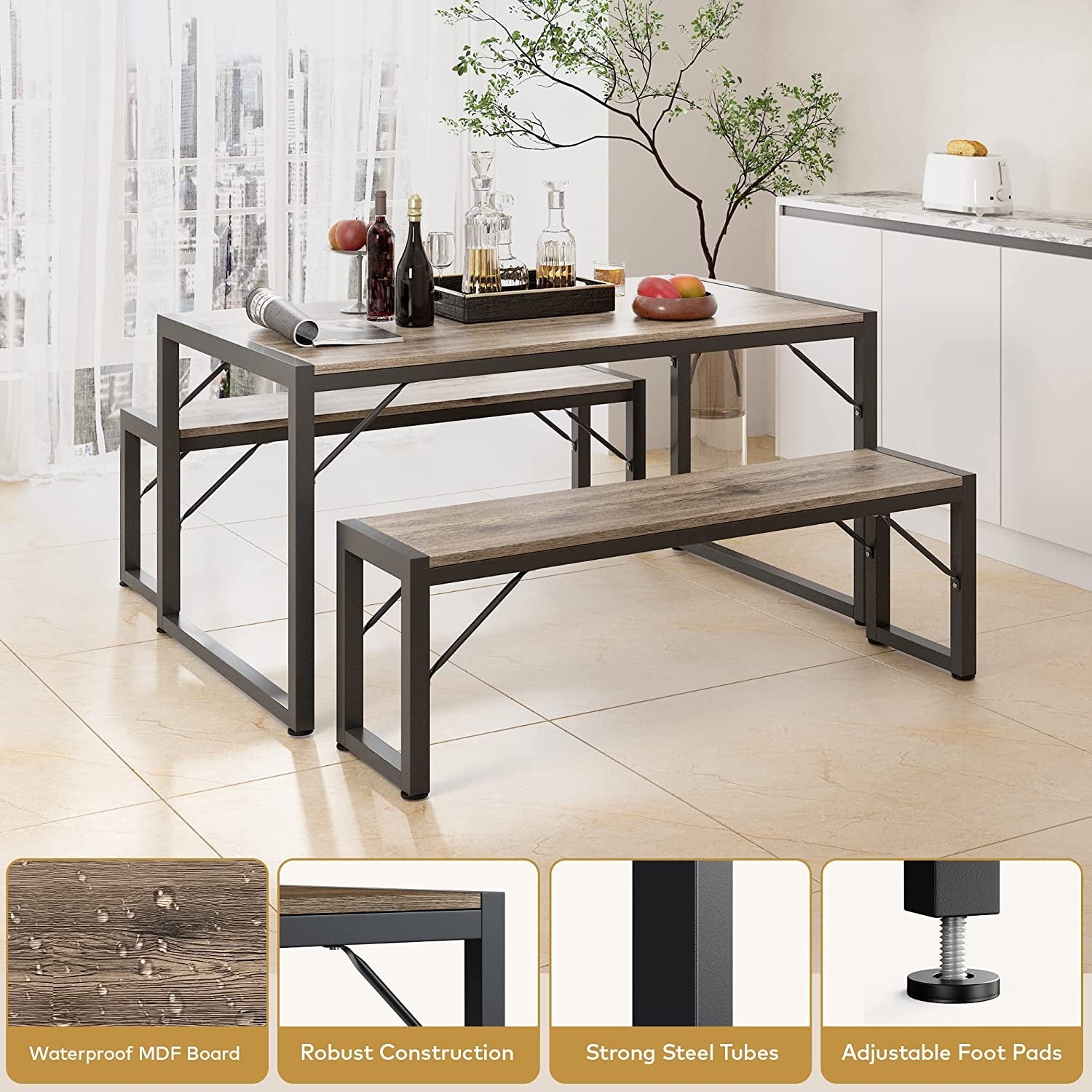 Dining Table Set for 4 with 2 Benches, Gray-4