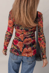 Floral Mesh Lettuce Trim Long Sleeve Top