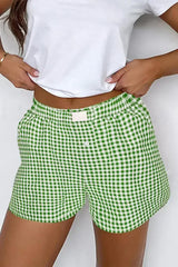 Blue Vintage Gingham Print High Waisted Loose Shorts