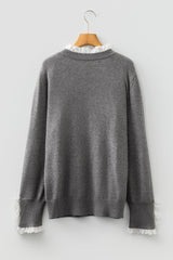 Lace Trim Patchwork Buttoned Cuff Sweater