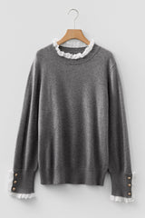 Lace Trim Patchwork Buttoned Cuff Sweater