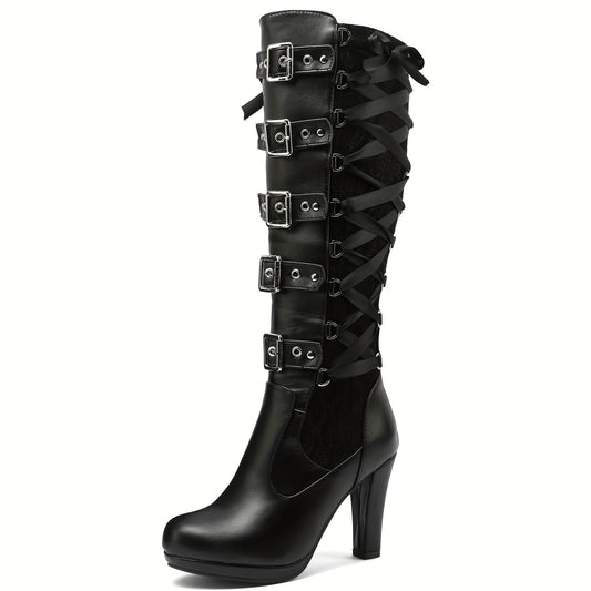 Platform Punk Tall Goth Buckled Knee-High Boots