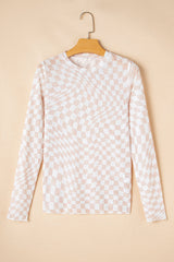 Checker Mesh Mock Neck Long Sleeve Top