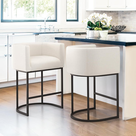 27" H Counter Height Bar Stools Set of 2, Modern Barrel Counter Stools with Backrest and Arms, Black Metal Frames, Linen Fabric Upholstered Accent Barstools for Kitchen Island, Beige-0