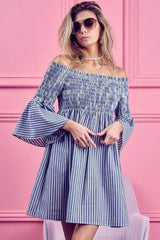 BiBi Smocked Off Shoulder Striped Dress