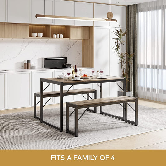 Dining Table Set for 4 with 2 Benches, Gray-0