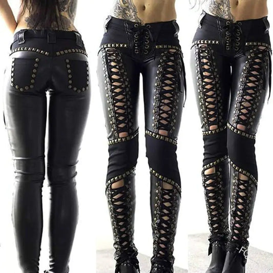 Sexy Punk Rock Leather Skinny Pants with Strap Details