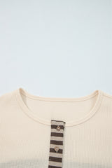 Stripe Plaid Patchwork Waffle Knit Henley Top