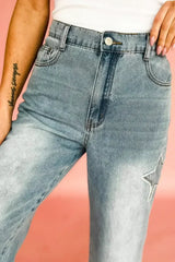 Stone Blue Star Patchwork Light Wash Wide Leg High Waist Jeans