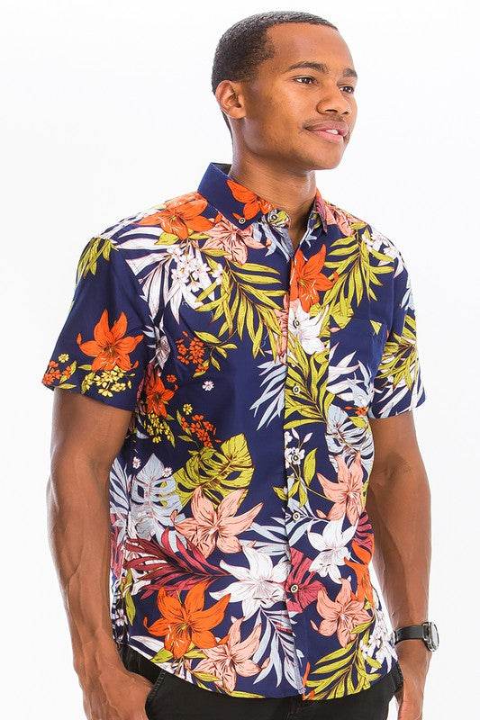 Weiv Mens Print Hawaiian Button Down Shirt