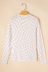 Checker Mesh Mock Neck Long Sleeve Top