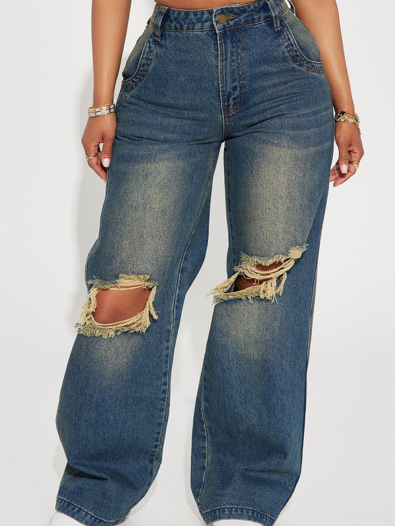 Women Retro Heavy Duty Washed Knee Ripped Wide Leg Denim Trousers