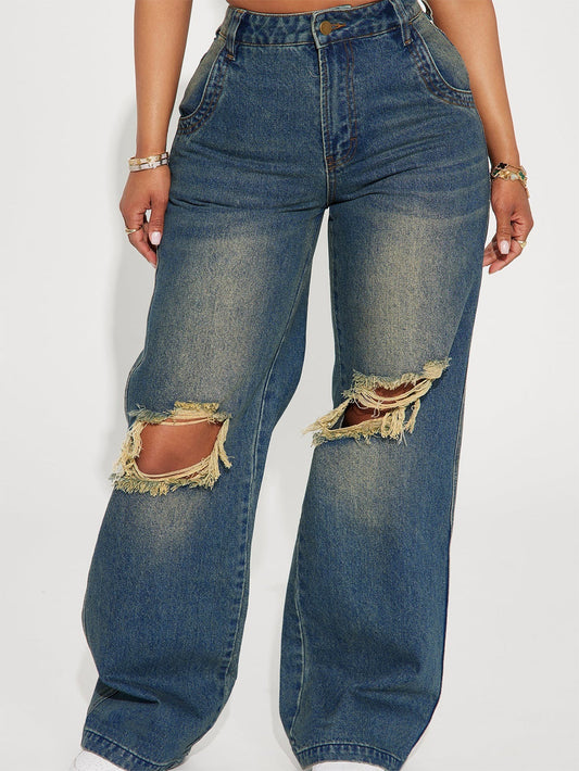 Women Retro Heavy Duty Washed Knee Ripped Wide Leg Denim Trousers