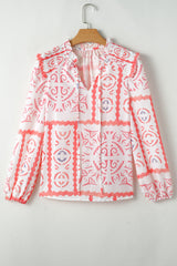 Abstract Poet Collar Smocked Long Sleeve Blouse
