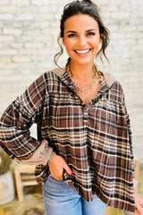 Plaid Quarter-Button Patchwork Long Sleeve Hooded Blouse