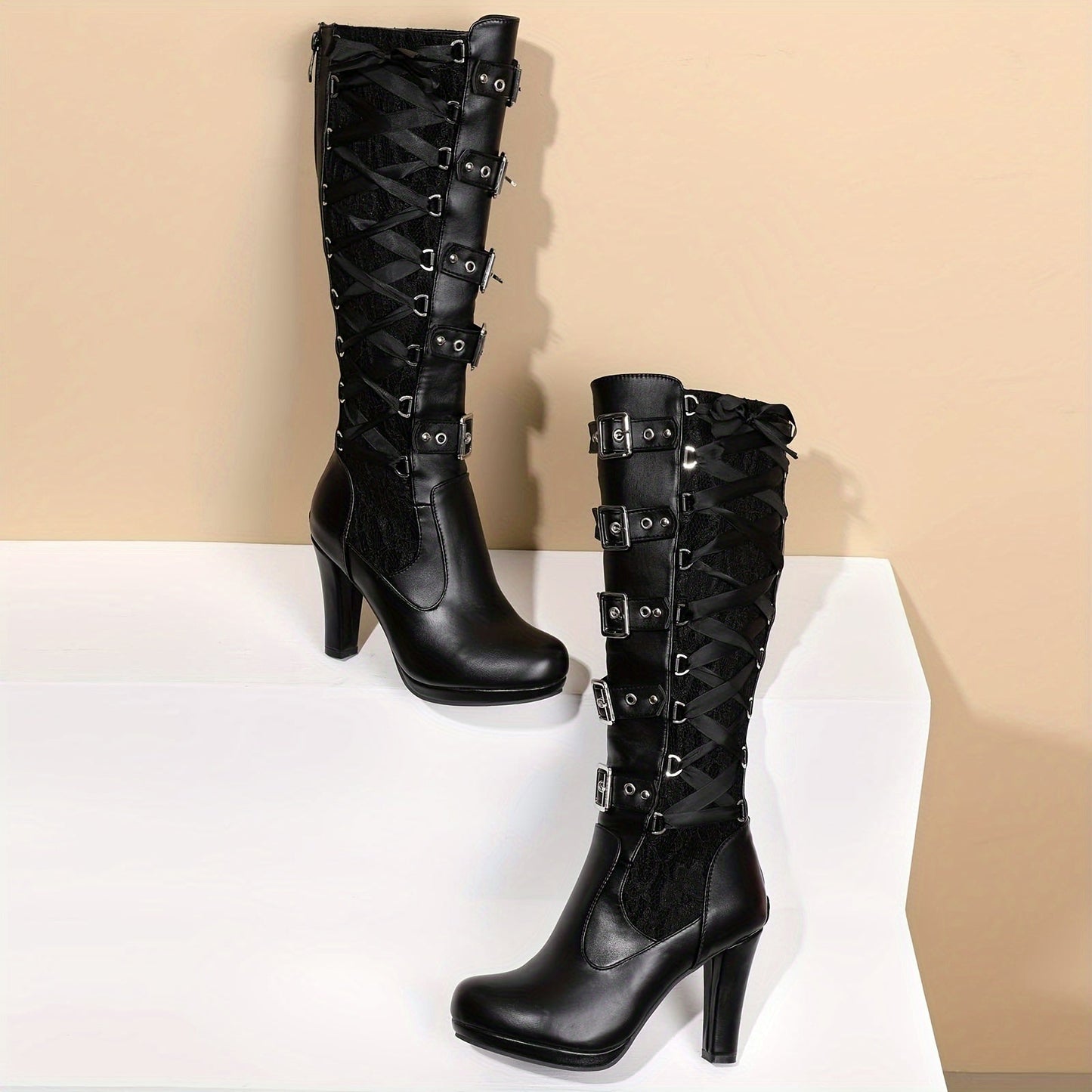 Platform Punk Tall Goth Buckled Knee-High Boots