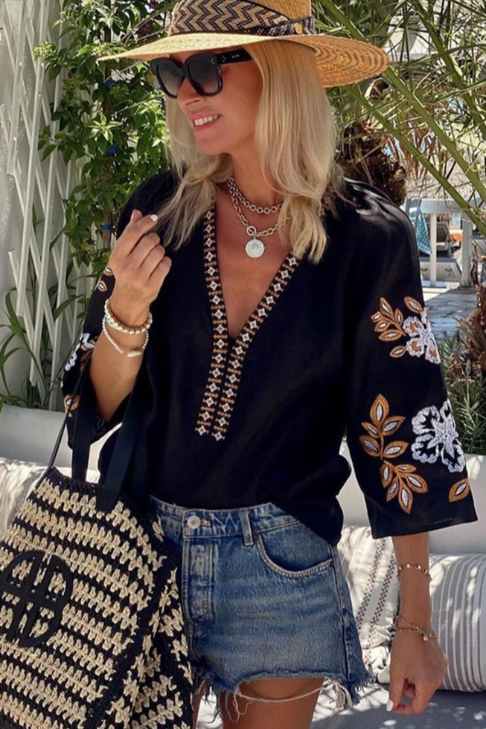 Boho Floral Embroidered V Neck Blouse