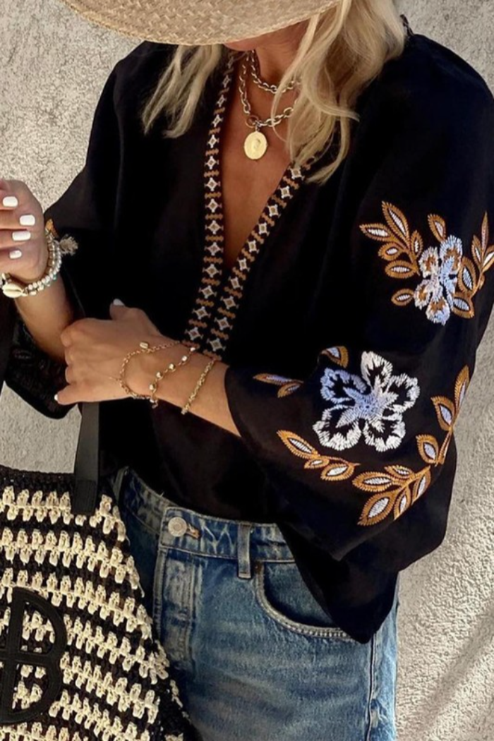 Boho Floral Embroidered V Neck Blouse