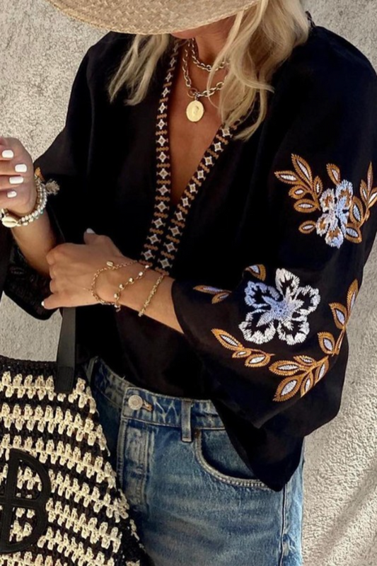 Boho Floral Embroidered V Neck Blouse