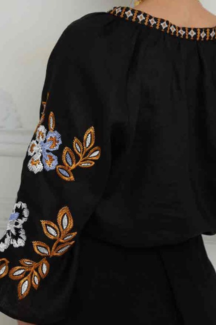 Boho Floral Embroidered V Neck Blouse