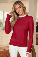 Lace Trim Patchwork Buttoned Cuff Sweater