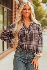 Plaid Quarter-Button Patchwork Long Sleeve Hooded Blouse