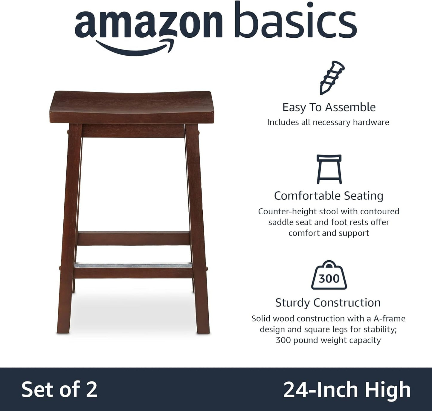 Solid Wood Saddle-Seat Kitchen Counter-Height Stool, 24-Inch Height, Walnut Finish - Set of 2-3
