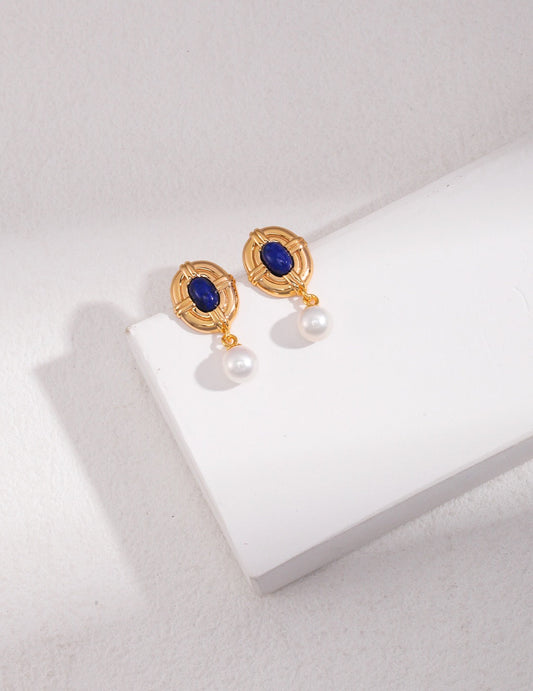 Vintage Style Lapis Lazuli Pearl Earrings-0