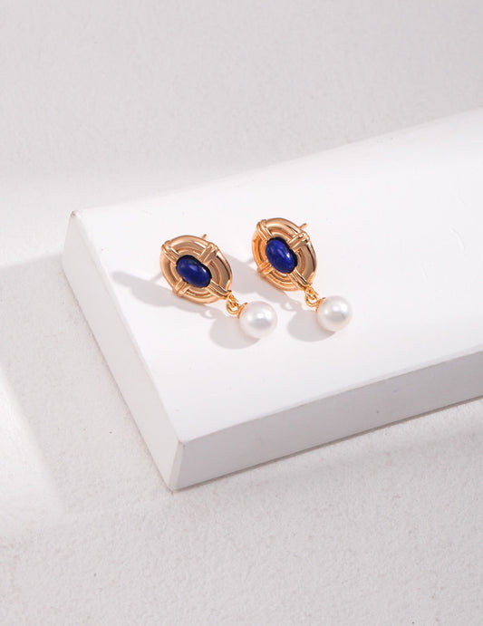 Vintage Style Lapis Lazuli Pearl Earrings-1