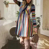 撞色条纹中长连衣裙 - 涤纶-氨纶混纺 | Femstylo