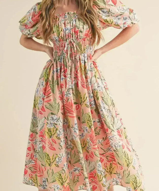 Apricot Pink Floral Knot Front Smocked Bubble Sleeve Dress