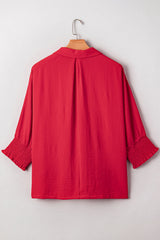 Plus Size Solid Collared V-Neck Smocked 3/4 Sleeve Top
